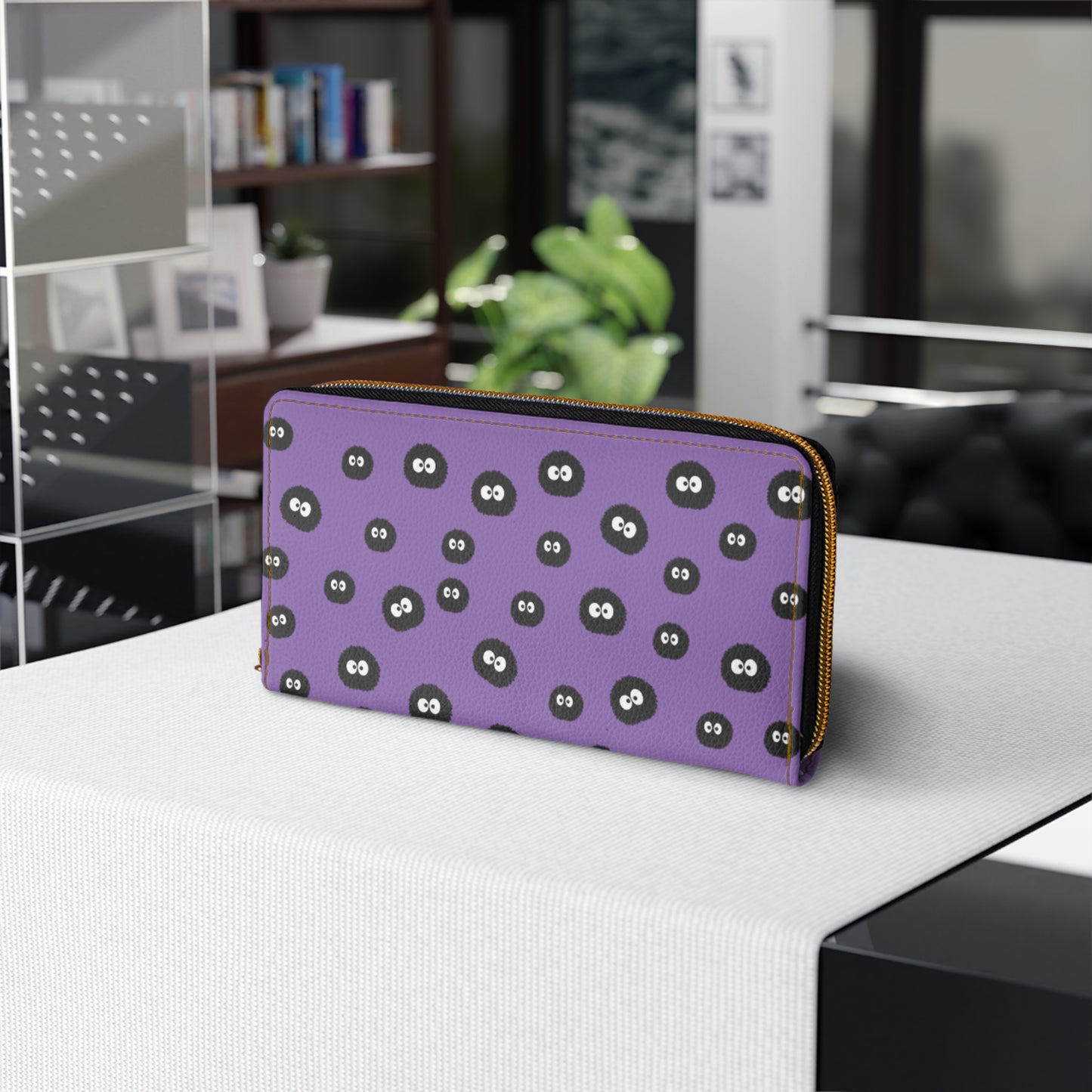 Purple Soot Sprite Zipper Wallet — Cute Studio Ghibli Inspired Coin & Card Organizer