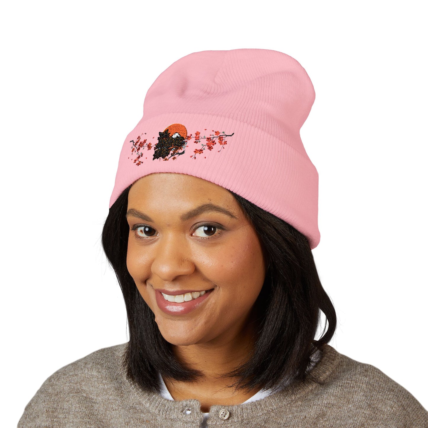 Embroidered Da Animehub Cherry Blossoms Cuffed Beanie