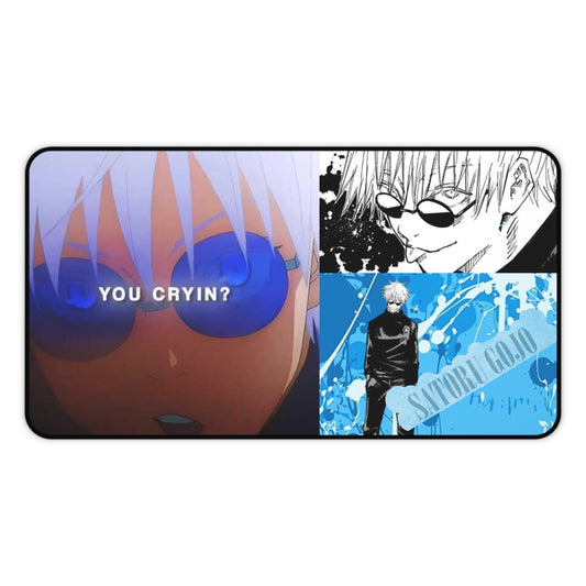 Teen Gojo Desk Mat — “You Cryin?” Blue Collage Mouse Pad