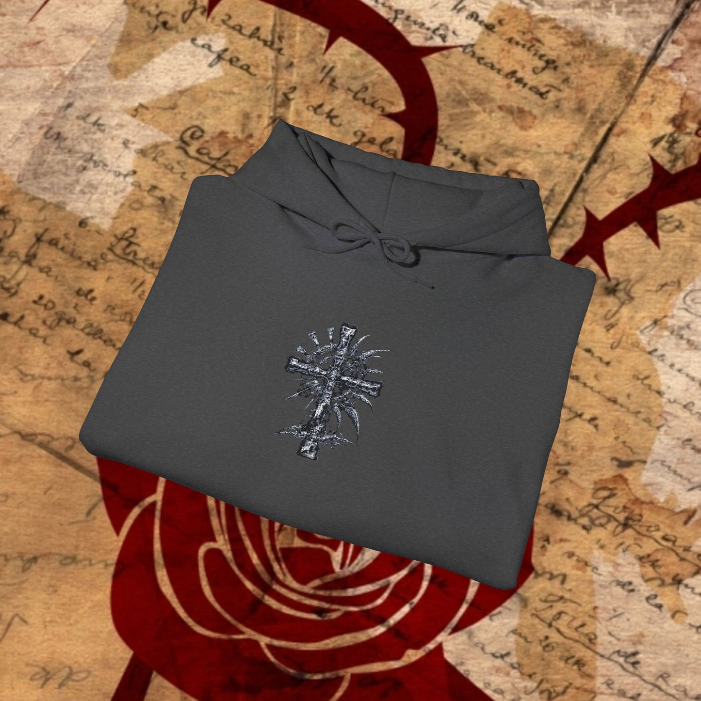 Trinity Blood Gothic Cross Hoodie — Roses & Dark Vampire Aesthetic