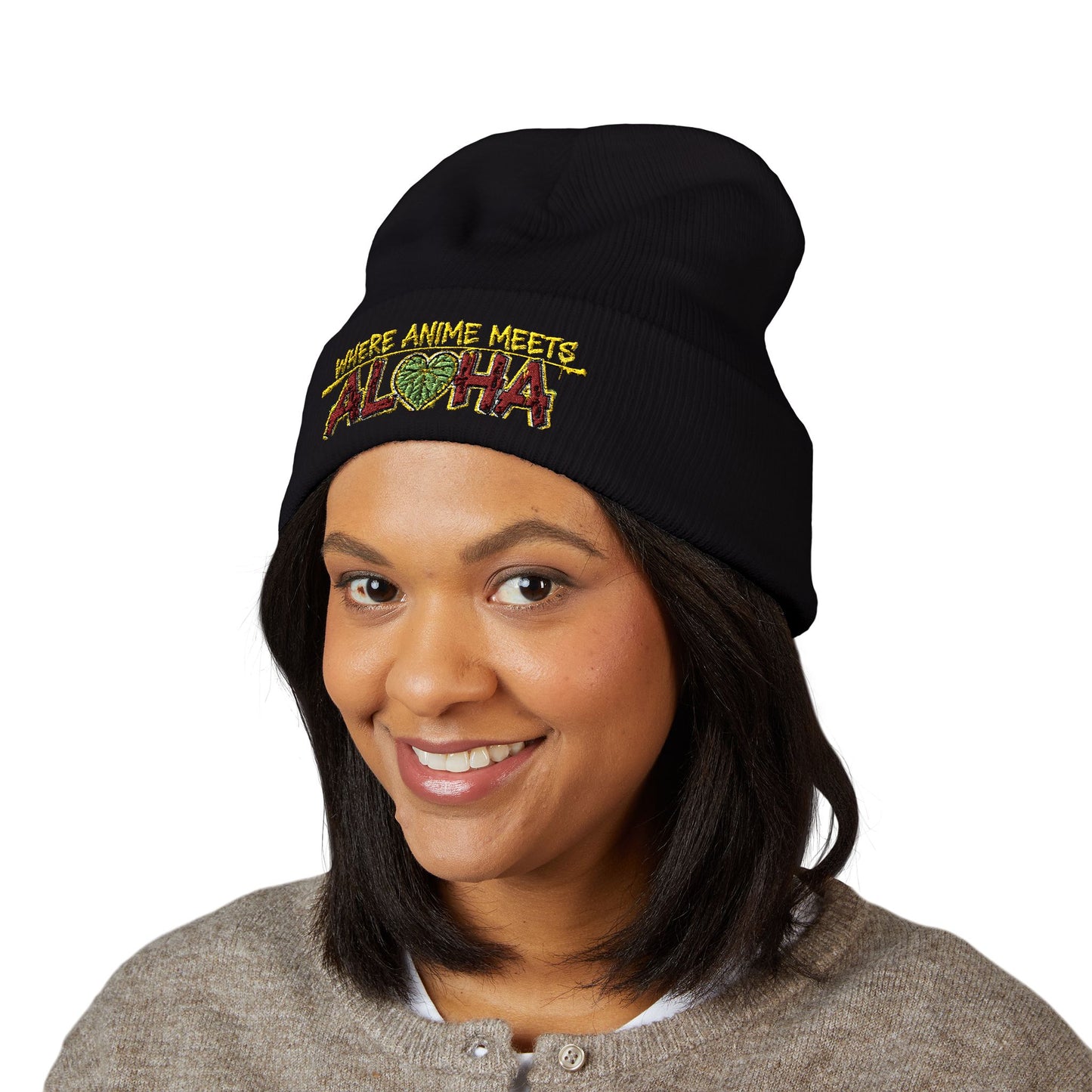 Where Anime Meets Aloha Embroidered Beanie — Classic Cuffed Knit Hat