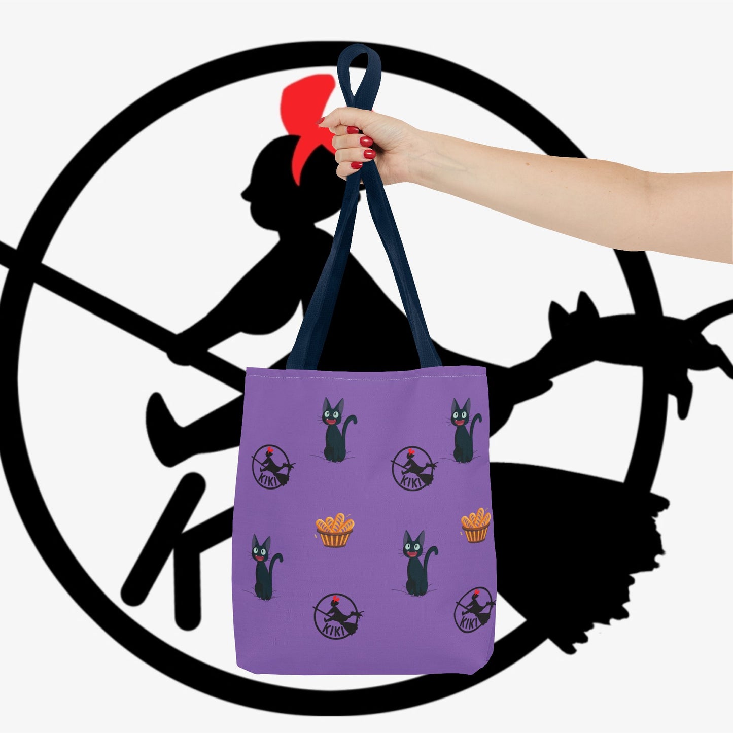 Kiki’s Delivery Cat Pattern Tote Bag — Purple Witchy Cat AOP Tote