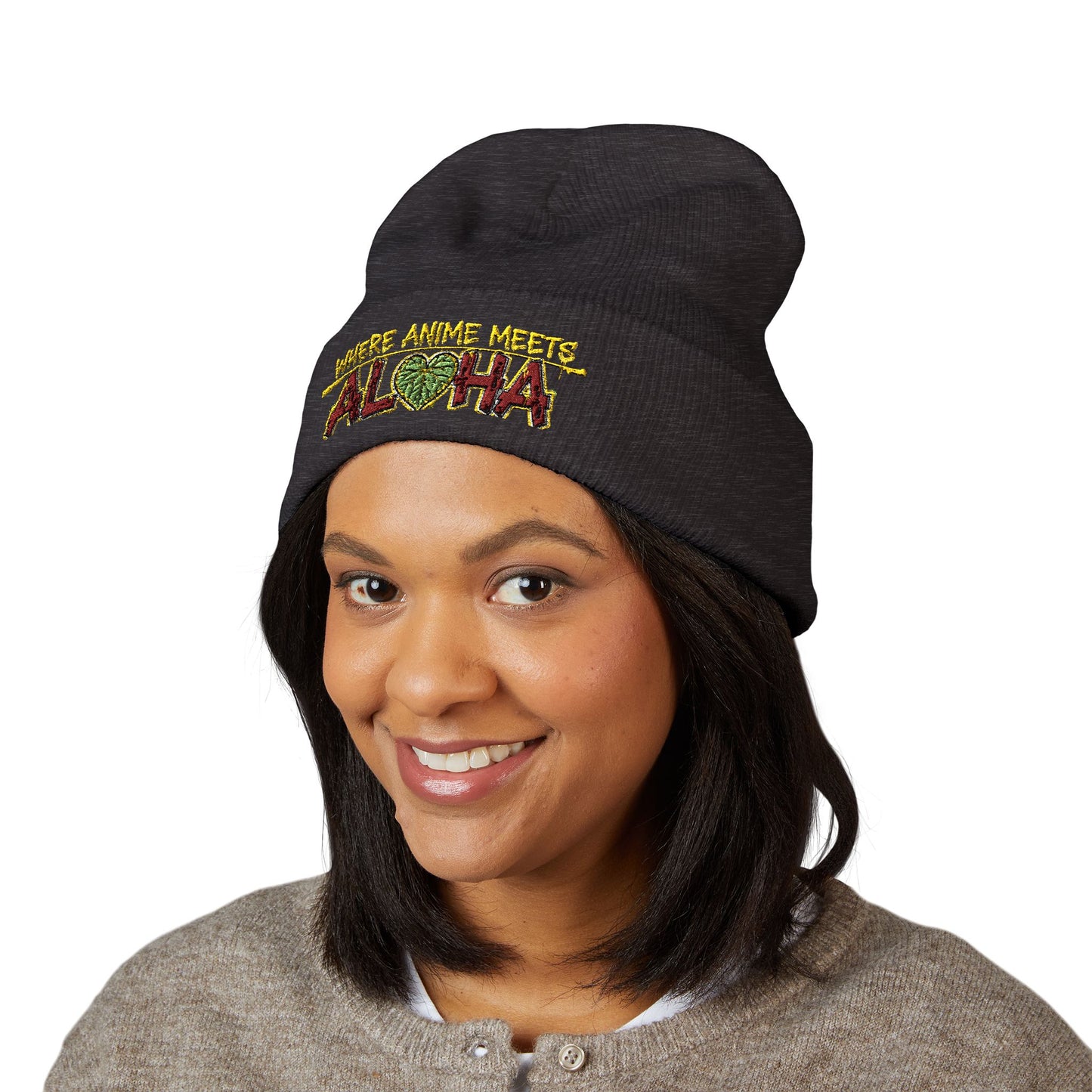 Where Anime Meets Aloha Embroidered Beanie — Classic Cuffed Knit Hat