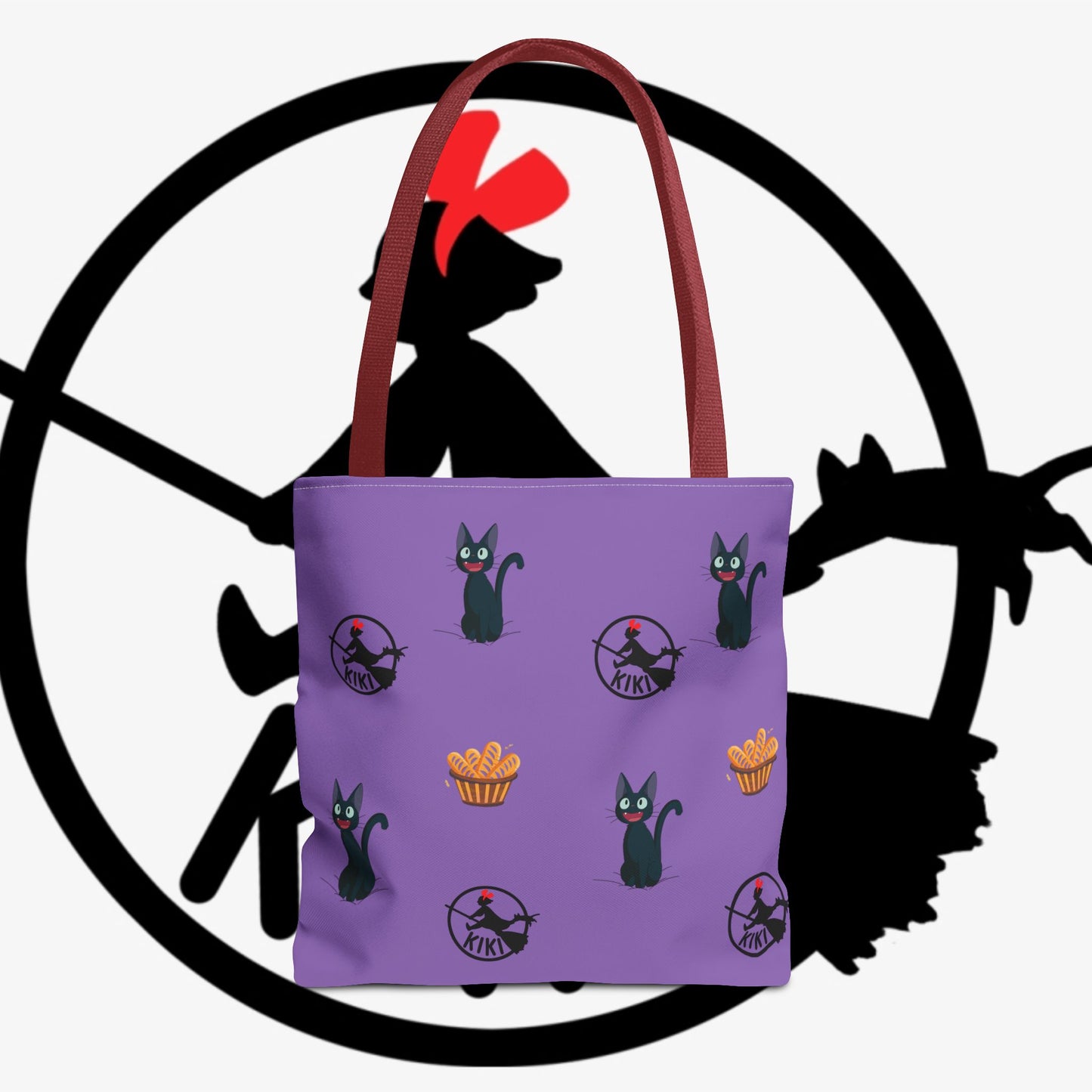 Kiki’s Delivery Cat Pattern Tote Bag — Purple Witchy Cat AOP Tote