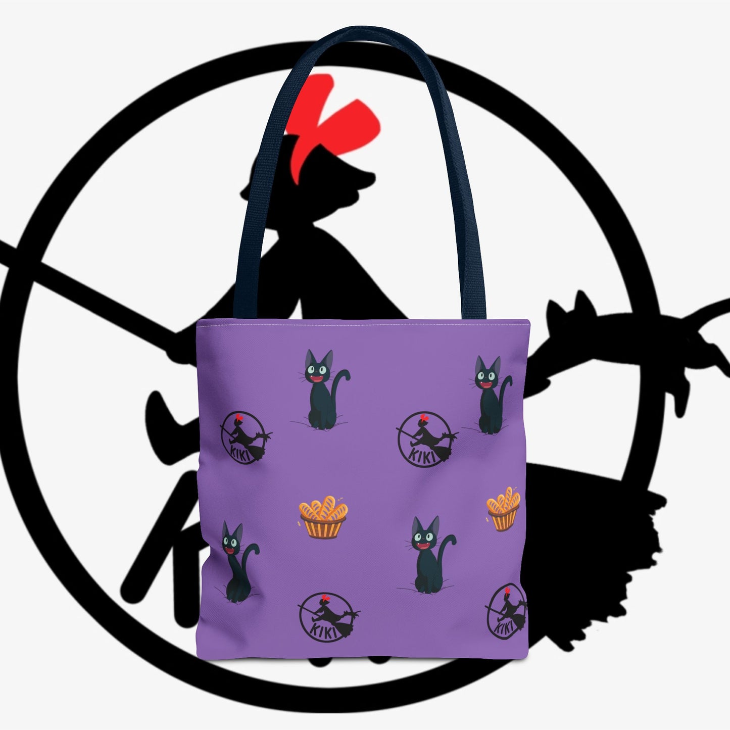 Kiki’s Delivery Cat Pattern Tote Bag — Purple Witchy Cat AOP Tote