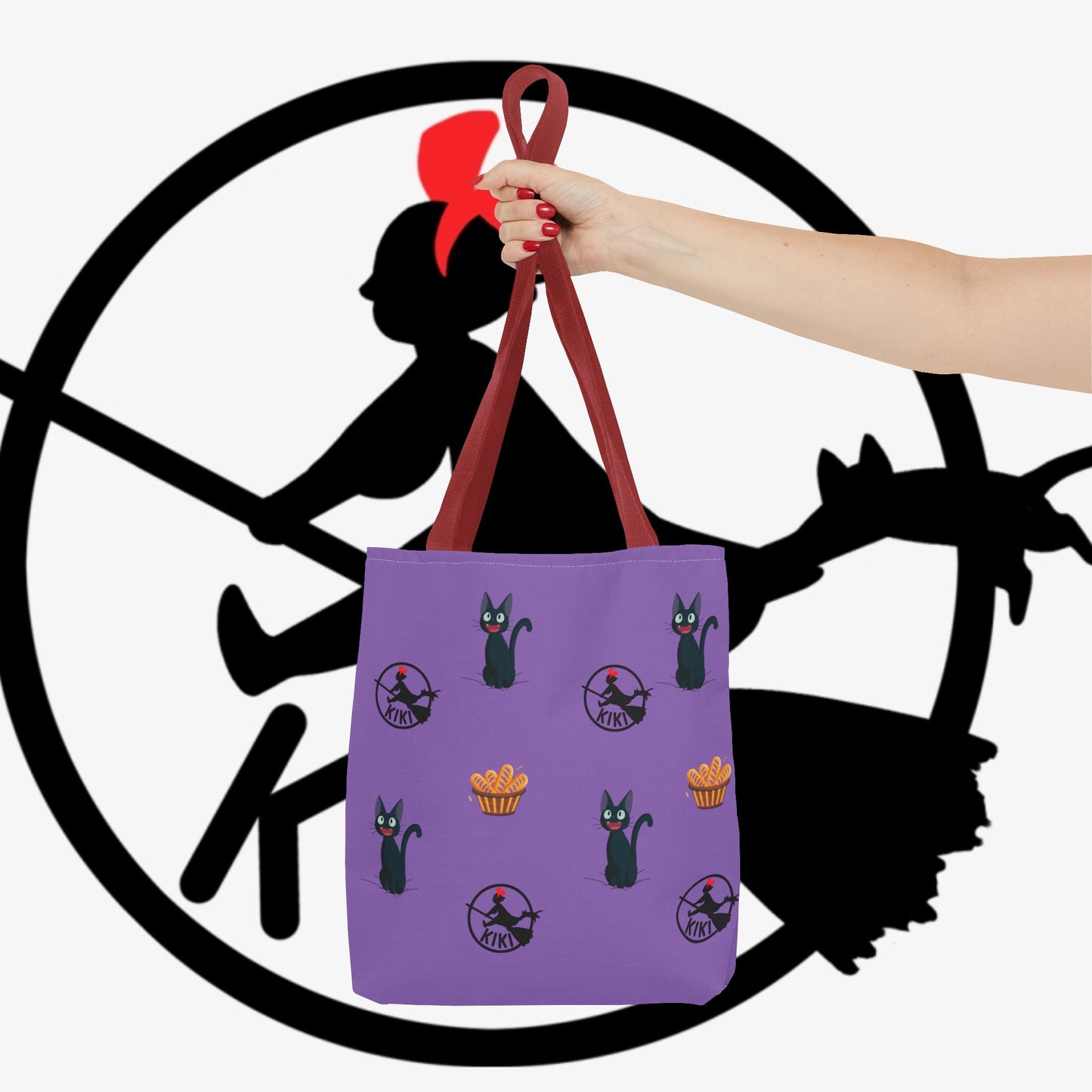 Kiki’s Delivery Cat Pattern Tote Bag — Purple Witchy Cat AOP Tote