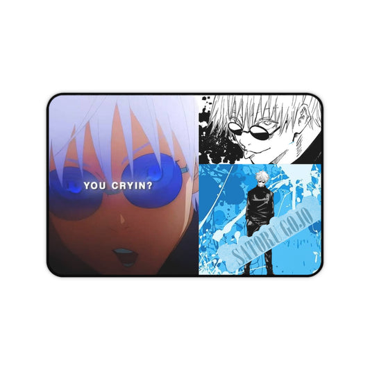 Teen Gojo Desk Mat — “You Cryin?” Blue Collage Mouse Pad